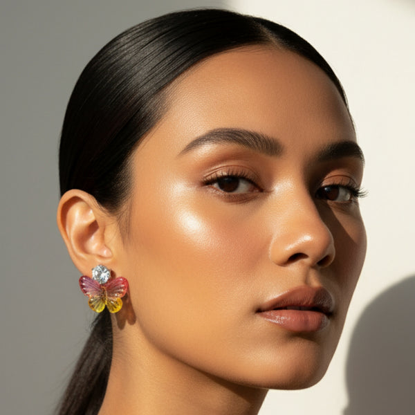 Pink Yellow Shade Butterfly Stud Earrings